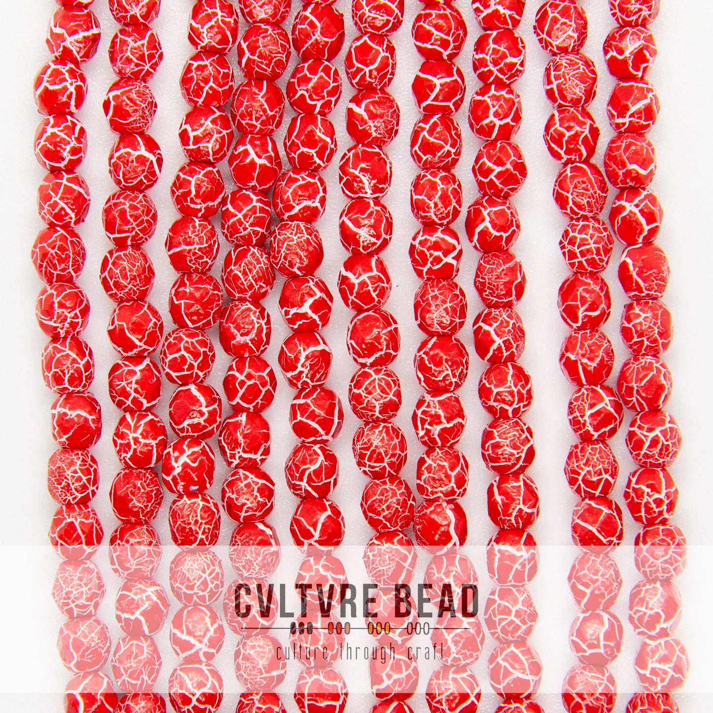 Ionic Red/White - Czech Fire polished Beads - 4mm